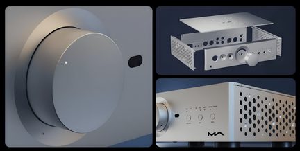 Minimalistinen hopeanvärinen hi-fi-vahvistin, jossa on suuri äänenvoimakkuussäädin, perforoitu kotelo ja räjäytyskuva rungosta