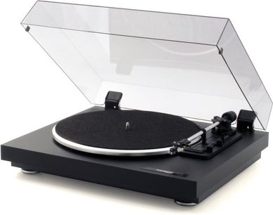 Hi-fi pladespiller Thorens TD 158 i sort, med gennemsigtig åben låg, set oppefra