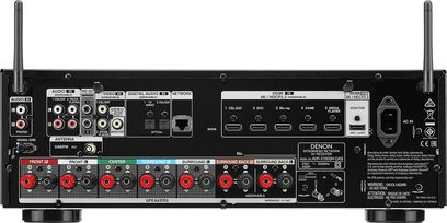 Denon AVR-X1600H DAB sort hjemmebiografsforstærker, bagside, top view, mange audio/video-stik og højttalerterminaler
