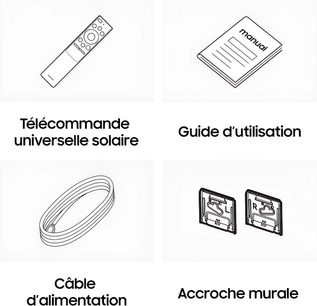 Tilbehør til Samsung The Frame TQ43LS03HE-tv'et med solcellefjernbetjening, manual, strømkabel og vægbeslag