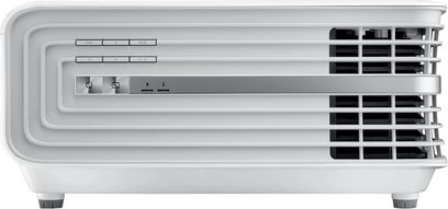 Optoma UHD55555 hvid videoprojektor, set forfra, med ventilationsriste, kontrolknapper og stik på bagsiden