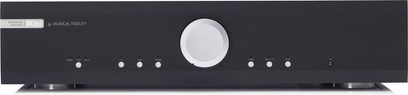 Musical Fidelity M3si sort stereo hi-fi forstærker med sølvfarvet cirkulær centerknap og 8 mindre runde knapper