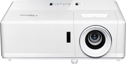 Projetor Optoma UHZ45 branco, vista frontal, lente deslocada para a direita, grelhas de ventilação nas laterais