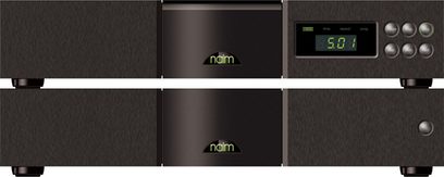 Fronten af Naim Audio CDS3 CD-afspiller, sort front med grøn skærm, to CD-skuffer og sølvfarvede kontrolknapper