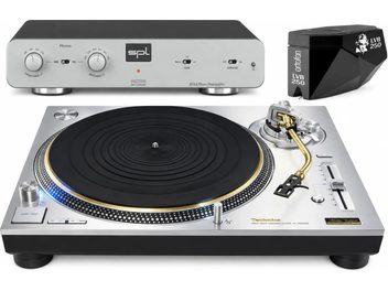 Sølvfarvet Technics-pladespiller med sort pladetallerken og guldfarvet tonearm, med SPL-forforstærker og Ortofon LVB 250-pickup