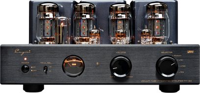 Integrovaný stereo lampový zosilňovač Cayin MT50 Plus KT88 v čiernom brúsenom kovovom prevedení, pohľad spredu, antracitový predný panel s centrálnym podsvieteným ukazovateľom, dvoma veľkými čiernymi ovládačmi a šiestimi viditeľnými sklenenými elektrónkami