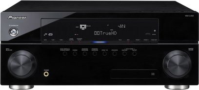 Amplificatore home theater Pioneer VSX-LX52 nero, pannello frontale con display blu, pulsanti e manopole argentate, 2 prese per cuffie