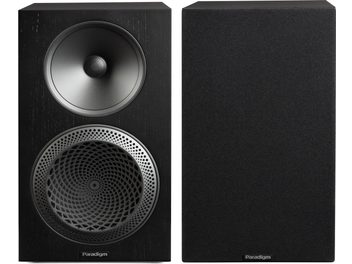 Paradigm Premier 220B v2 reolhøjttaler i sort træ, forfra med synlig højttalerenhed og aftageligt sort frontgitter
