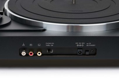Giradischi Thorens TD 101 A nero opaco, vista posteriore ravvicinata, connettori audio e alimentazione, interruttore on/off