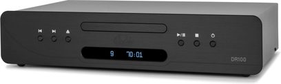 Lecteur CD Atoll Electronique DR100 Evolution, изглед отпред, правоъгълен черен корпус, синьо цифрово табло, кръгли бутони
