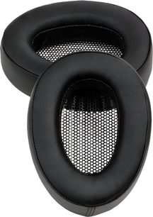 Par de almofadas ovais Meze Audio Pads híbridas pretas em couro sintético com grade interna em padrão hexagonal, vista em leve perspectiva