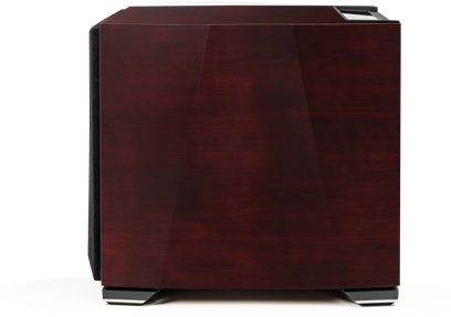 Paradigm XR 11 dark cherry subwoofer, front view, cubic shape, dark wood, black grille on the front face