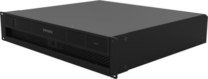 Ampli Integra 8500DSP svart i 2U rackformat, sett i trekvart vinkel, ventilert frontpanel