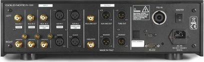 Bagpanel på Gold Note PH-1000 phono-forforstærker med RCA- og XLR-stik, indgangs- og udgangsporte samt strømforsyning