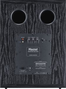 Subwoofer Sub 530A nero, vista posteriore, 2 condotti circolari superiori, pannello di controllo centrale con connettori e pulsanti