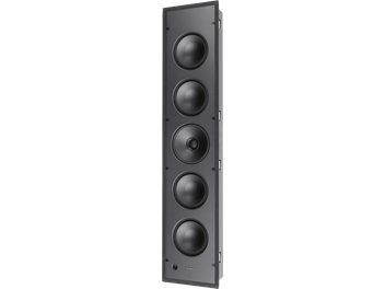 Altavoz empotrable en pared E5 LCR v2, vista frontal en ligera perspectiva, 5 altavoces circulares negros alineados verticalmente