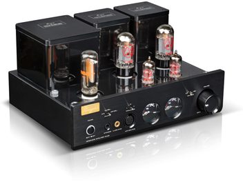 Cayin HA-3A headphone preamplifier in black brushed aluminum, three-quarter front view, three rectangular transformer covers at the back, six vertical vacuum tubes on top, front panel featuring a 6.35 mm jack, an XLR connector, two circular VU meters, and a large volume knob
