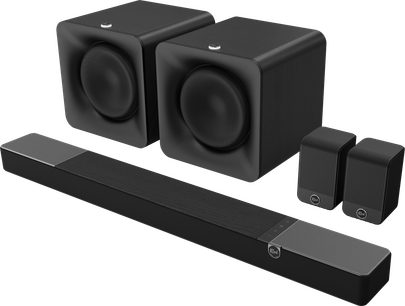 Soundbar Klipsch Flexus Core 200 s prostorovými reproduktory Surr 100 a dvěma černými subwoofery Sub 100
