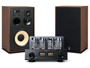 Coppia di diffusori vintage in legno con amplificatore a valvole nero, altoparlante grande beige e frontale in tessuto nero