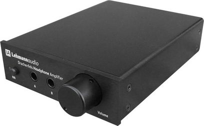 Preamplificator pentru căști Lehmann Audio Drachenfels negru, carcasă metalică rectangulară, vedere frontală, butoane de control și conectori