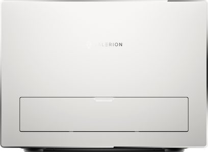 Valerion StreamMaster Plus 2 white matte plastic projector, front view, rectangular body with rounded corners, centered logo, and large recessed front panel featuring a discreet handle