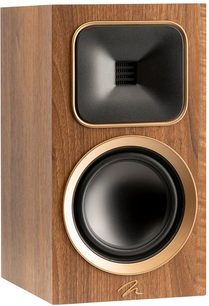 Diffusore da libreria MartinLogan Foundation B1 in noce, vista frontale, cabinet in legno, altoparlante nero, tweeter quadrato nero