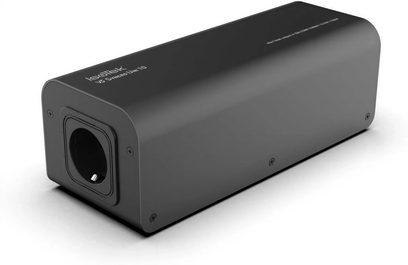 Strømrenser IsoTek V5 Syncro Uni 10 sort, rektangulært kabinet med afrundede kanter, frontplaceret stikkontakt, sideskruer