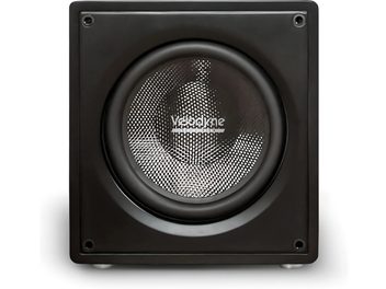 Subwoofer Velodyne VI-Q 12 negro visto de frente, caja cuadrada y altavoz central con membrana metálica texturizada