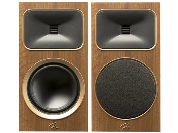 Enceinte bibliothèque MartinLogan Foundation B2 noyer, vue de face et arrière, boîtier bois, haut-parleur noir, tweeter