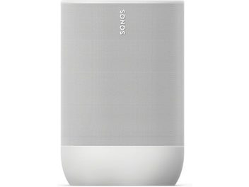 Enceinte sans fil connectée Sonos Move blanc, vue de face rapprochée, grille métallique grise, logo Sonos blanc au centre