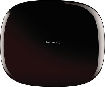 Eestvaade mustvärvilisest ovaalse kujuga Harmony universaalpuldist, millel on keskel valge ekraan, kus on kiri "Harmony"