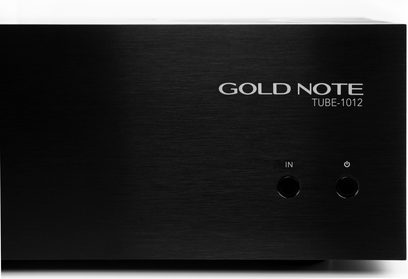 Gold Note TUBE-1012 integreret stereo rørforstærker med sort børstet frontplade, logo og to frontknapper
