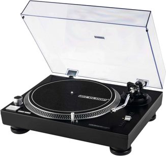Melna Reloop RP 2000 MK2 vinila plates ar plati, toni, galviņu un caurspīdīgu putekļu vāku