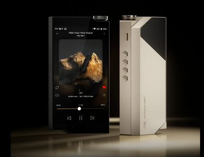 HiBy R8 II audiophil musikafspiller i sort og champagne, touchskærm med sideknapper, for- og bagsidevisning