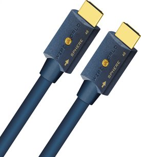Twee blauwe Wireworld Sphere 48 HDMI-kabels met vergulde connectoren, 3 meter lang, vooraanzicht