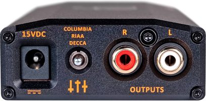 Phono-forforstærker iPhono3 micro Black Label, bagsidevisning, 15VDC-stik, Columbia/RIAA/Decca-vælger, højre og venstre RCA-udgange