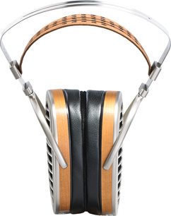 Hifiman HE1000 V2 hovedtelefoner set forfra, lysebrunt hovedbånd, sorte og sølvfarvede ørekopper, ovale ørepuder i sort læder