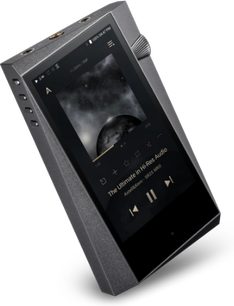 Audiofilní přehrávač Astell&Kern SR25 MKII, pohled zepředu, displej zobrazující černobílý obrázek, tmavě šedé pouzdro