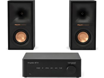 Klipsch Reference Audio-Set mit zwei schwarzen Lautsprechern mit kupferfarbenem Chassis und Tangent Ampster BT III Verstärker
