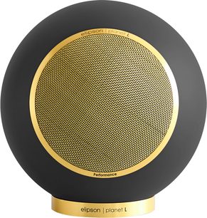 Elipson Planet L Performance mat sort guld højttaler med gyldent cirkulært gitter og gylden cylindrisk base