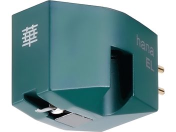 Κελί για πικάπ Hana EL, μεταλλικό κουτί σε ματ πράσινο χρώμα, προβολή από τα τρία τέταρτα μπροστά που δείχνει το λευκό βελόνι και τις δύο χρυσές συνδετικές πρίζες στο πίσω μέρος