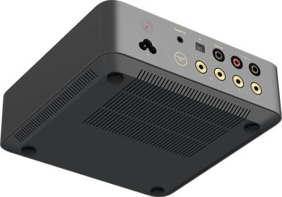 Stereo hi-fi integreret forstærker WiiM Vibelink Space grey set fra en lav vinkel med synlige ventilationsgitre og bagtilslutninger