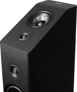 Polk Audio R900 sort højttaler, tæt forfra på højttaler, diskant og justeringsporte