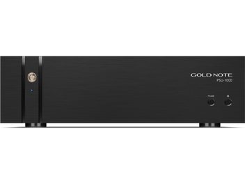 Hi-fi-strømforsyning Gold Note PSU-1000, sort, frontplade i børstet aluminium med gyldent logo, blå LED og fase- samt tænd/sluk-knapper