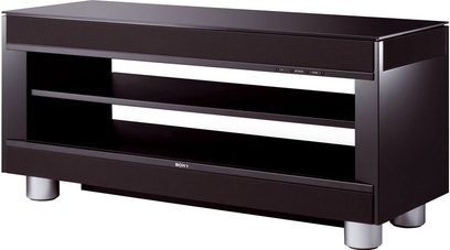 Sony RHT-G800B sort TV-møbel, lakeret i sort, 2 åbne rum, front med vandrette kromstriber, cylindriske sølvfarvede ben