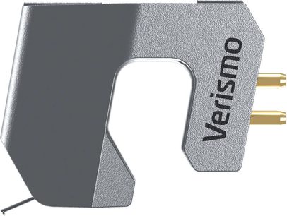 Ortofon MC Verismo pladespiller pickup, sidevisning, gråt hus, 2 forgyldte stifter, sort "Verismo" inskription
