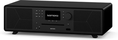 Sonoro Meisterstück alt-i-ét high-end lydsystem i mat sort set forfra, sort front, knapper og skærm