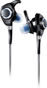 Denon AH-C300 sort og sølv in-ear hovedtelefoner med gennemsigtige silikone ørepropper, set forfra