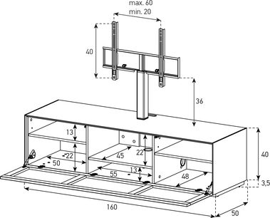 Teknisk diagram med dimensioner af et Sonorous Elements EX31 TV-møbel på mål, set forfra og fra siden