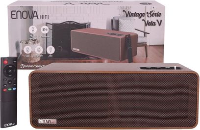 Cassa wireless Enova HIFI VELA V, finitura in legno, griglia anteriore tessuta marrone, telecomando nero con pulsanti colorati